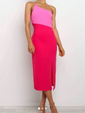 Petal & Pup Two-Tone Hot Pink One-Shoulder Midi Dress